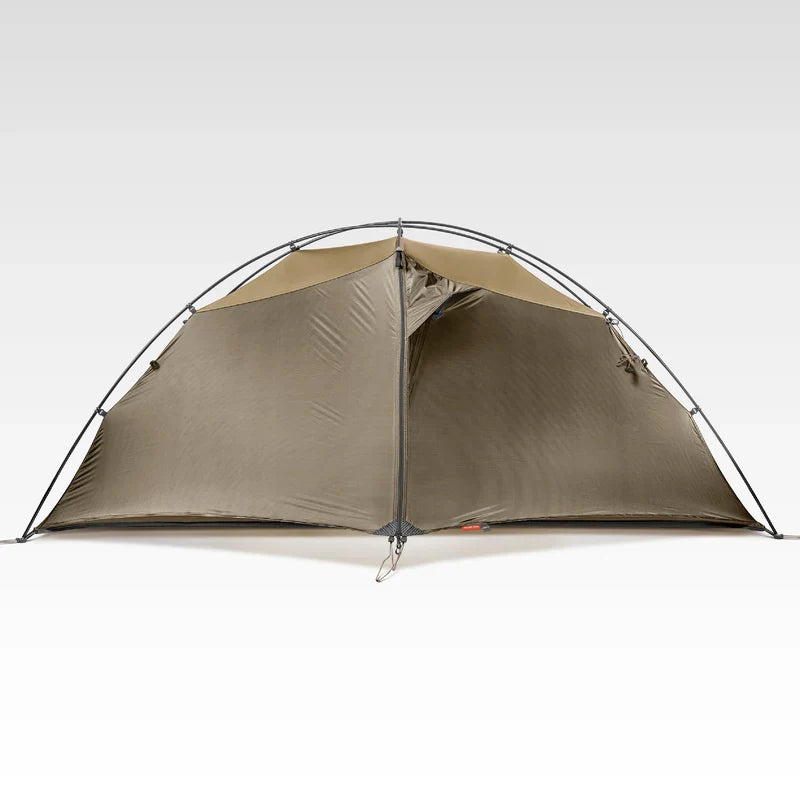 The Free Spirits Goromity Tent in Coyote Tan, front view with the flysheet zipped closed and a top vent.