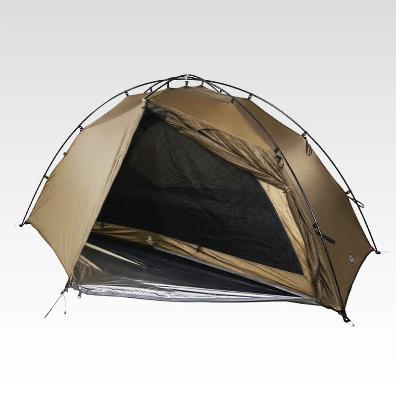 The Free Spirits Goromity Tent in Coyote Tan, close-up of the zipped door and silver waterproof footprint.