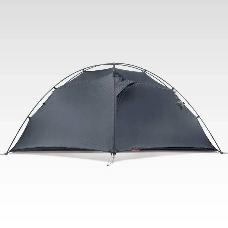 The Free Spirits Goromity Tent in Grey, front view with the flysheet zipped closed and a top vent.