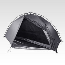 The Free Spirits Goromity Tent in Grey, close-up of the zipped door and silver waterproof footprint.