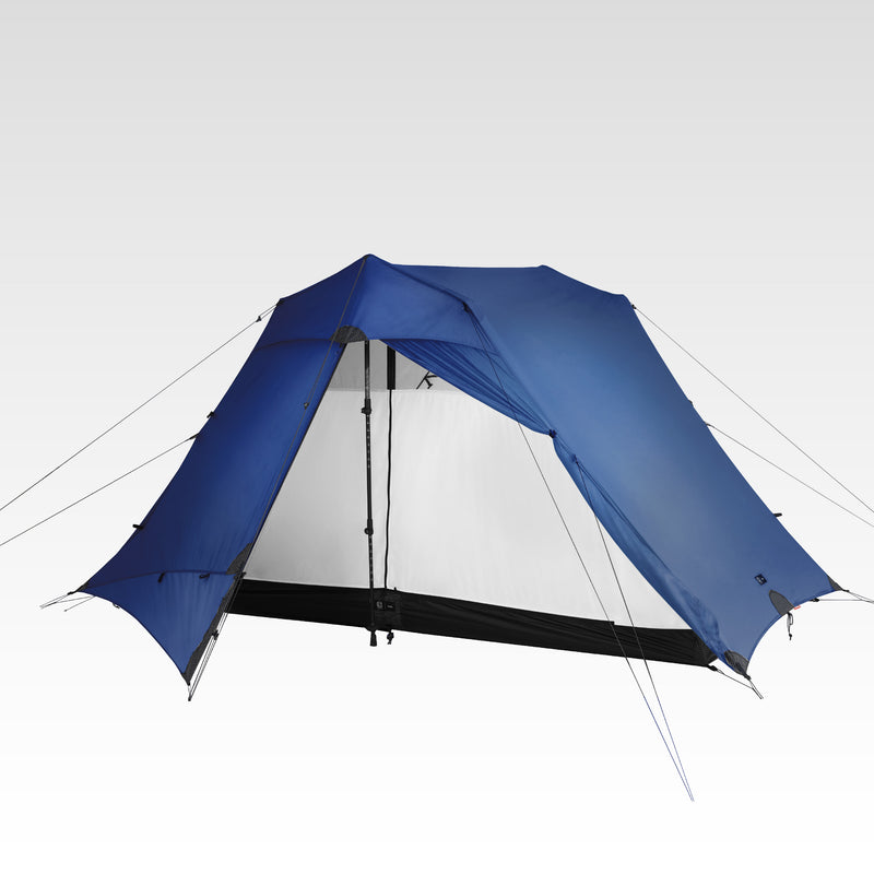 The Free Spirits Vista Tent in Prussian Blue 30D, front door open showing the white inner on a white background.