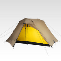 The Free Spirits Vista Tent in Coyote Brown, door open revealing the yellow inner tent on a white background.