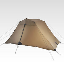 The Free Spirits Vista Tent in Coyote Brown, rear and side view of the zipped flysheet on a white background.