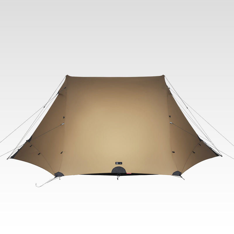 The Free Spirits Vista Tent in Coyote Brown, front view with the flysheet fully zipped on a white background.