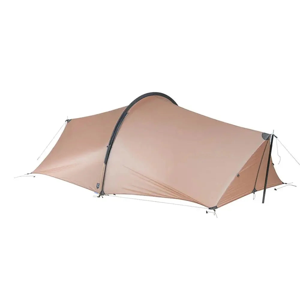 TFS Enran 2 435g 2-person ultralight trekking pole tent in Camel — closed rainfly front view