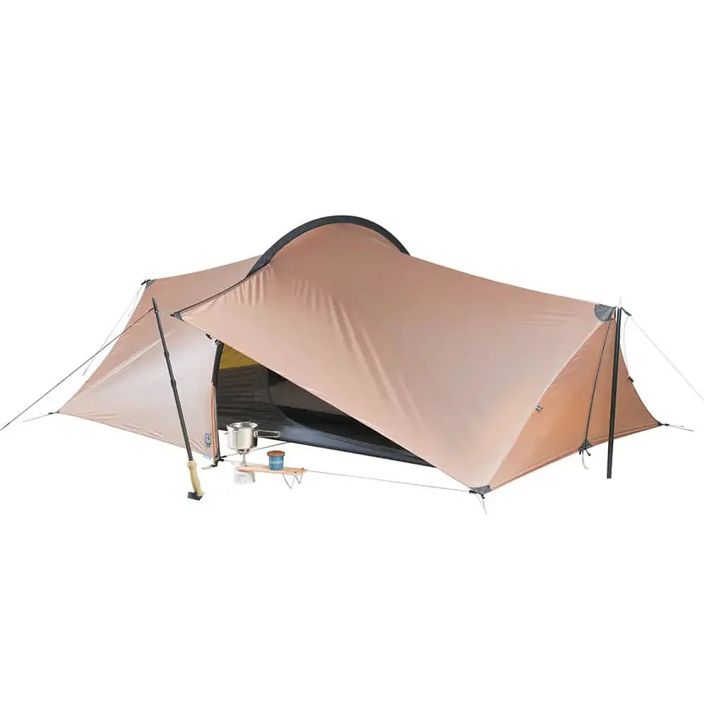 TFS Enran 2 Camel ultralight tent interior with camping gear and cook setup inside