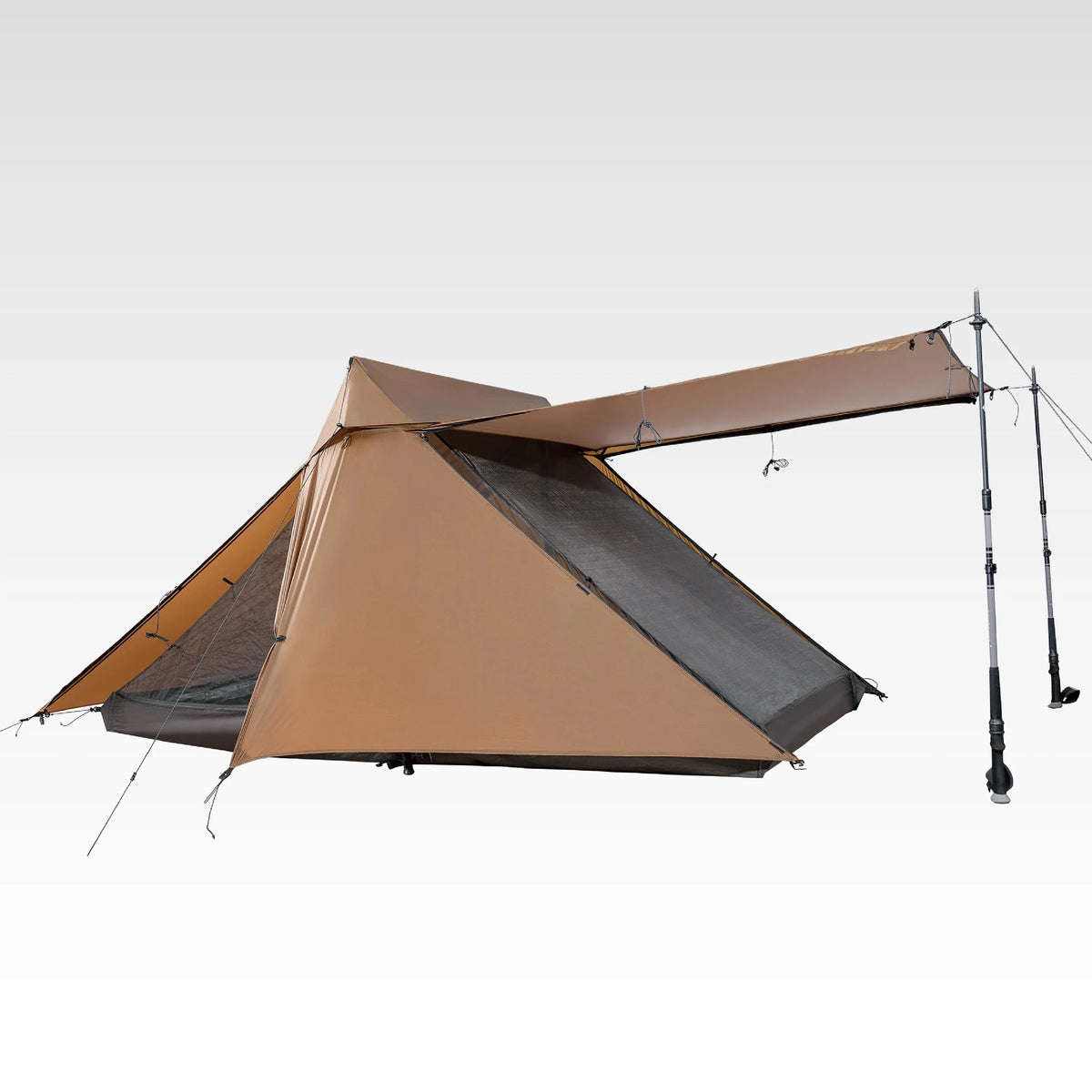 TFS Libra 2 tent in coffee brown, trekking poles in place with the door open showing the inner shelter.