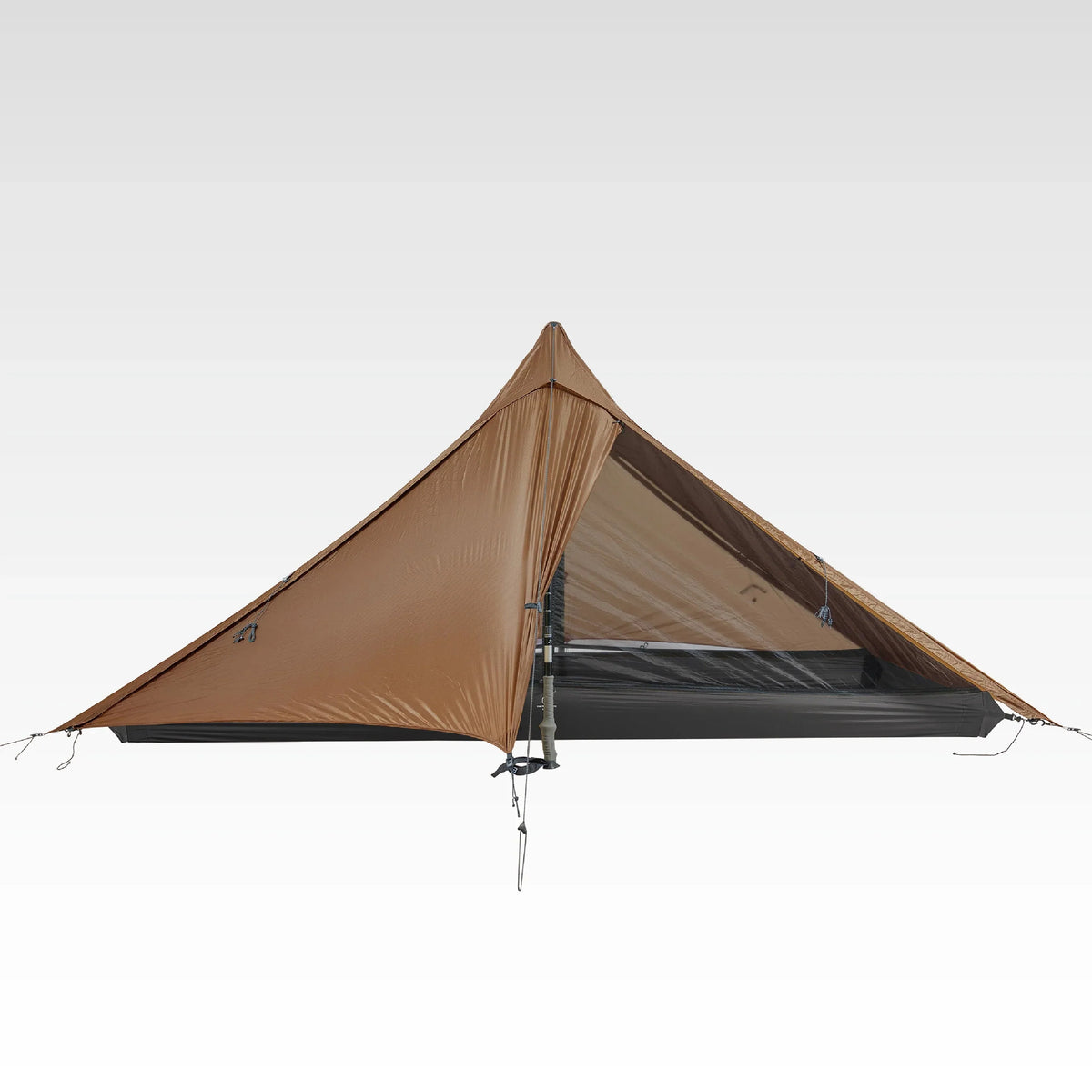 TFS Libra 2 trekking-pole tent in coffee brown, front view with the vestibule and mesh inner.