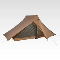 TFS Libra 2 trekking-pole tent in coffee brown, front quarter view, a light trail shelter for two.