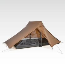TFS Libra 2 tent in coffee brown with trekking poles at the front, door open.
