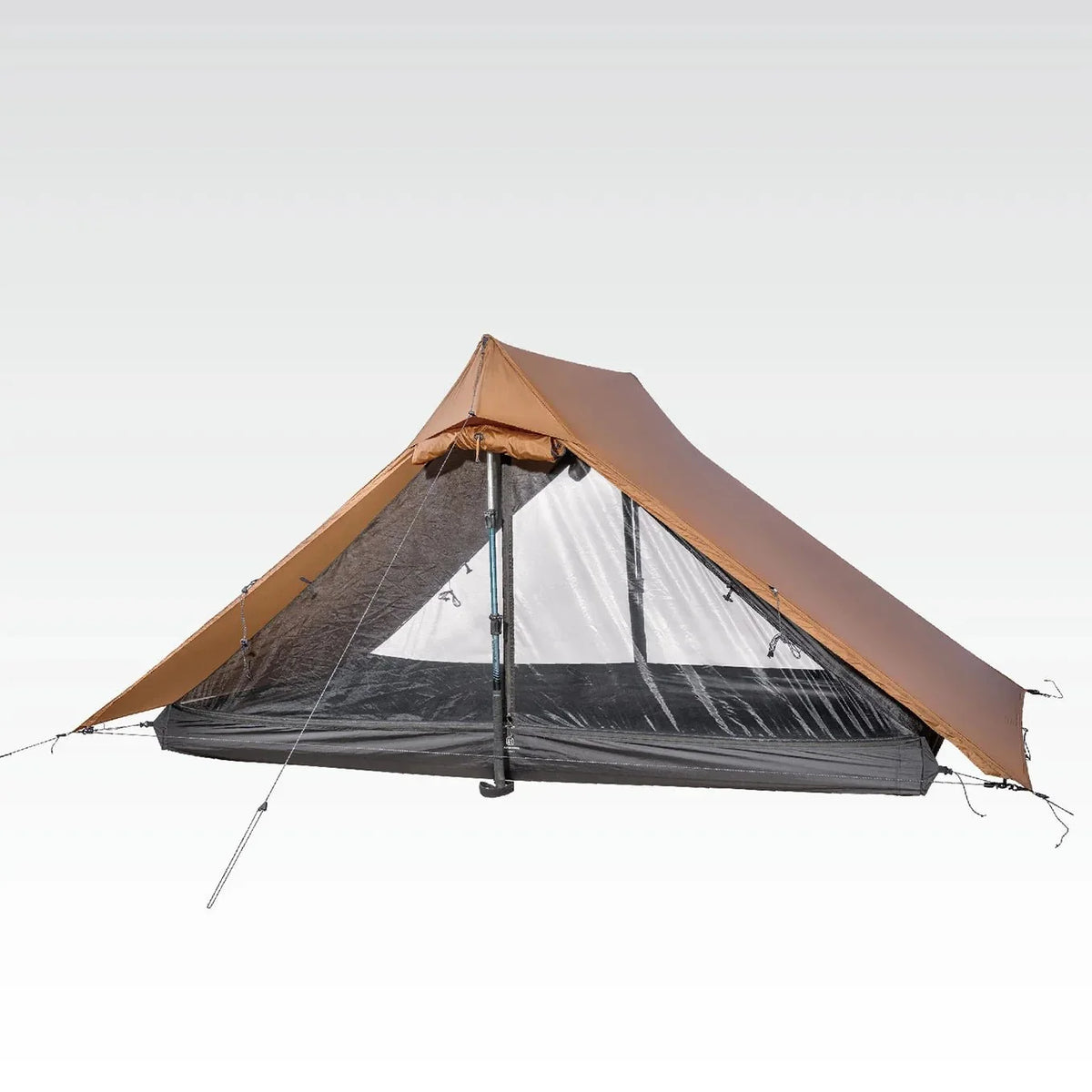 TFS Libra 2 tent in coffee brown, door open revealing the full mesh inner supported by trekking poles.