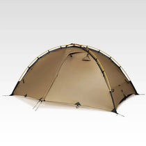 TFS Saga 4-season tent rainfly closed at angle showing DAC aluminum pole structure and guyout points
