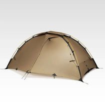 Coyote brown TFS Saga 4-season backpacking tent with rainfly closed, side profile view on white