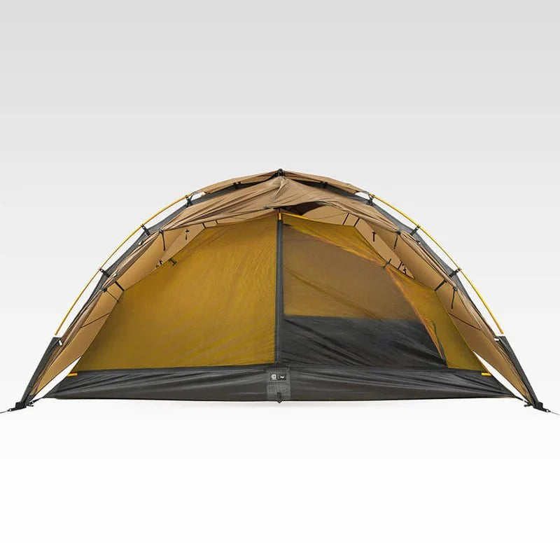 Front view of TFS Saga tent with both vestibules open showing 10D mesh inner tent and yellow walls