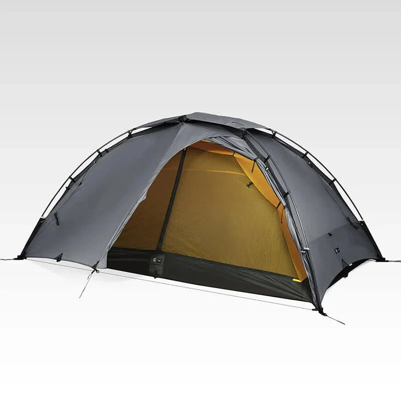 Rock gray TFS Saga tent with front door open showing 15D mesh inner and yellow DAC poles