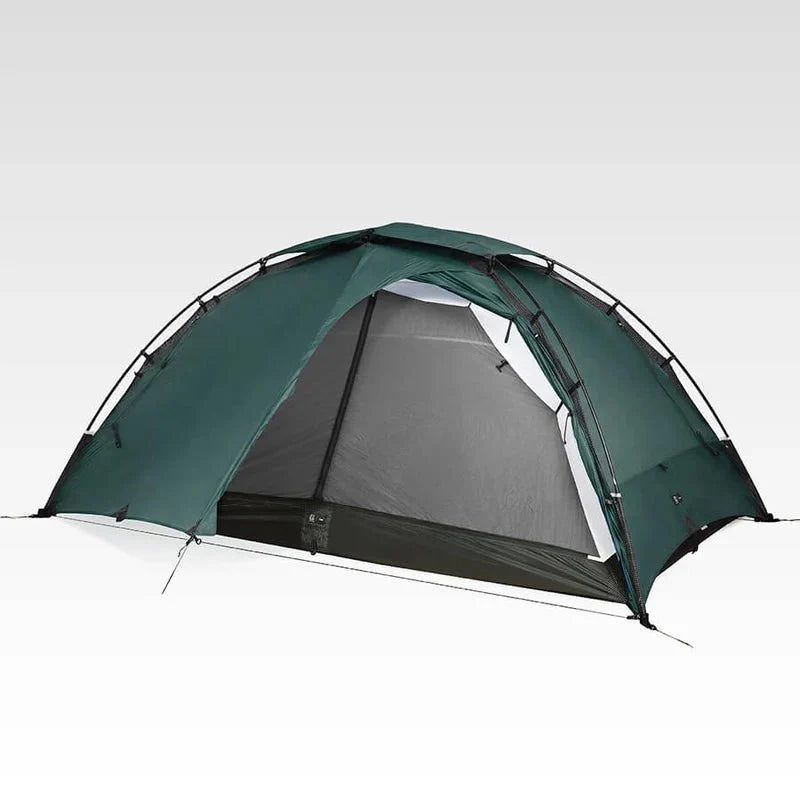 Pine green TFS Saga tent with vestibule open revealing yellow inner tent and double-layer door