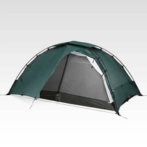 Pine green TFS Saga tent with vestibule open revealing yellow inner tent and double-layer door