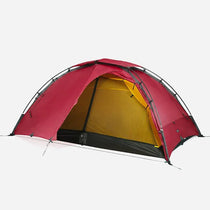 Flame red TFS Saga 4-season mountaineering tent with open vestibule and inner mesh visible