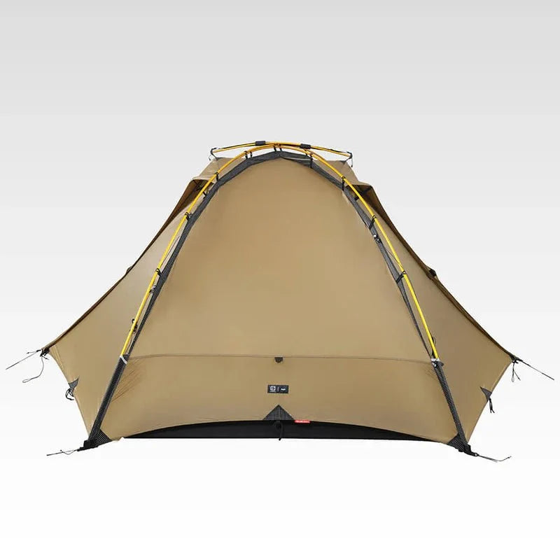 Rear view of TFS Saga tent showing closed rainfly back panel and reinforced stress point details