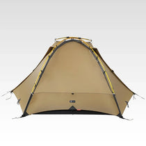 Rear view of TFS Saga tent showing closed rainfly back panel and reinforced stress point details