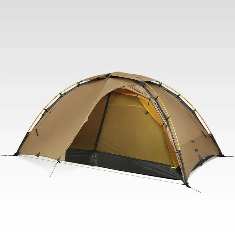 Coyote brown TFS Saga tent with front door open revealing yellow inner vestibule and DAC poles