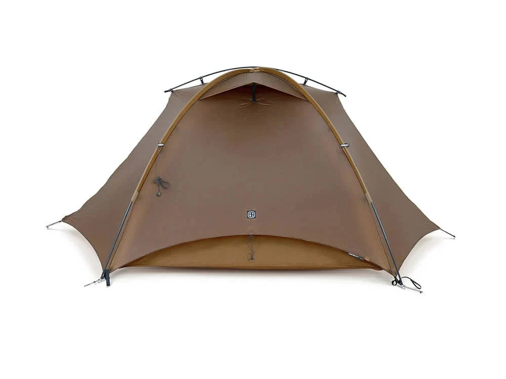 TFS Stars 2 Pro Khaki tent with extended vestibule awning open for gear storage and ventilation