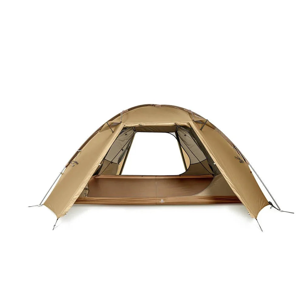 TFS Stars 3 Desert Yellow front doors rolled open showing inner mesh tent and bathtub floor