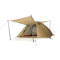 TFS Stars 3 Desert Yellow with dual vestibule porch mode using trekking poles as awning supports