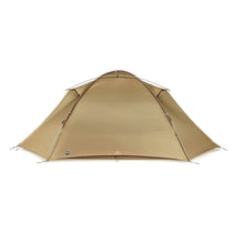 Rear view of TFS Stars 3 tent in Desert Yellow with closed rainfly — dual vestibule design
