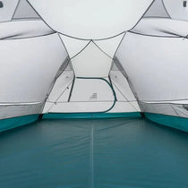 TFS Stars 4 tent in Dawn White, interior looking up at the white rainfly ceiling and teal waterproof floor.