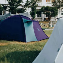 TFS Stars 4 tent in Royal Purple set up in a courtyard with the teal inner visible.
