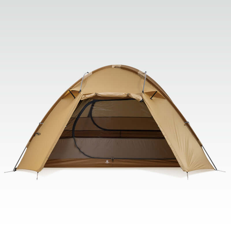 TFS Stars 4 tent in Desert Yellow, front door open showing the mesh inner door.