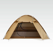 TFS Stars 4 tent in Desert Yellow, front door open showing the mesh inner door.