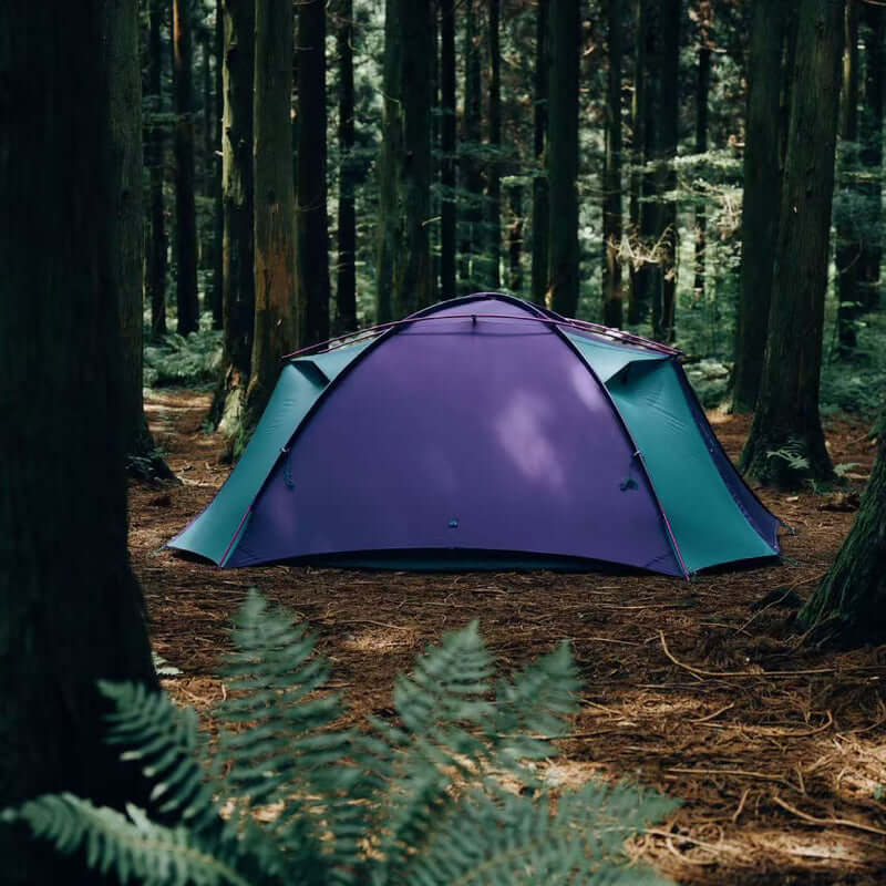 TFS Stars 4 tent in Royal Purple and teal in a pine forest with ferns in the foreground.