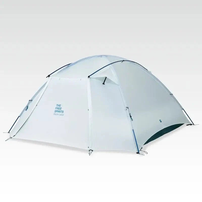 TFS Stars 4 dome tent in Dawn White, three-quarter view of the freestanding rainfly with The Free Spirits branding.
