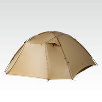 TFS Stars 4 dome tent in Desert Yellow, three-quarter angle showing the fully zipped rainfly.