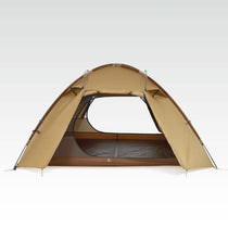 TFS Stars 4 tent in Desert Yellow, rainfly open with the inner shelter and overhang visible.