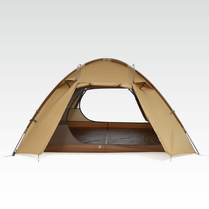 TFS Stars 4 tent in Desert Yellow, rainfly open with the inner shelter and overhang visible.